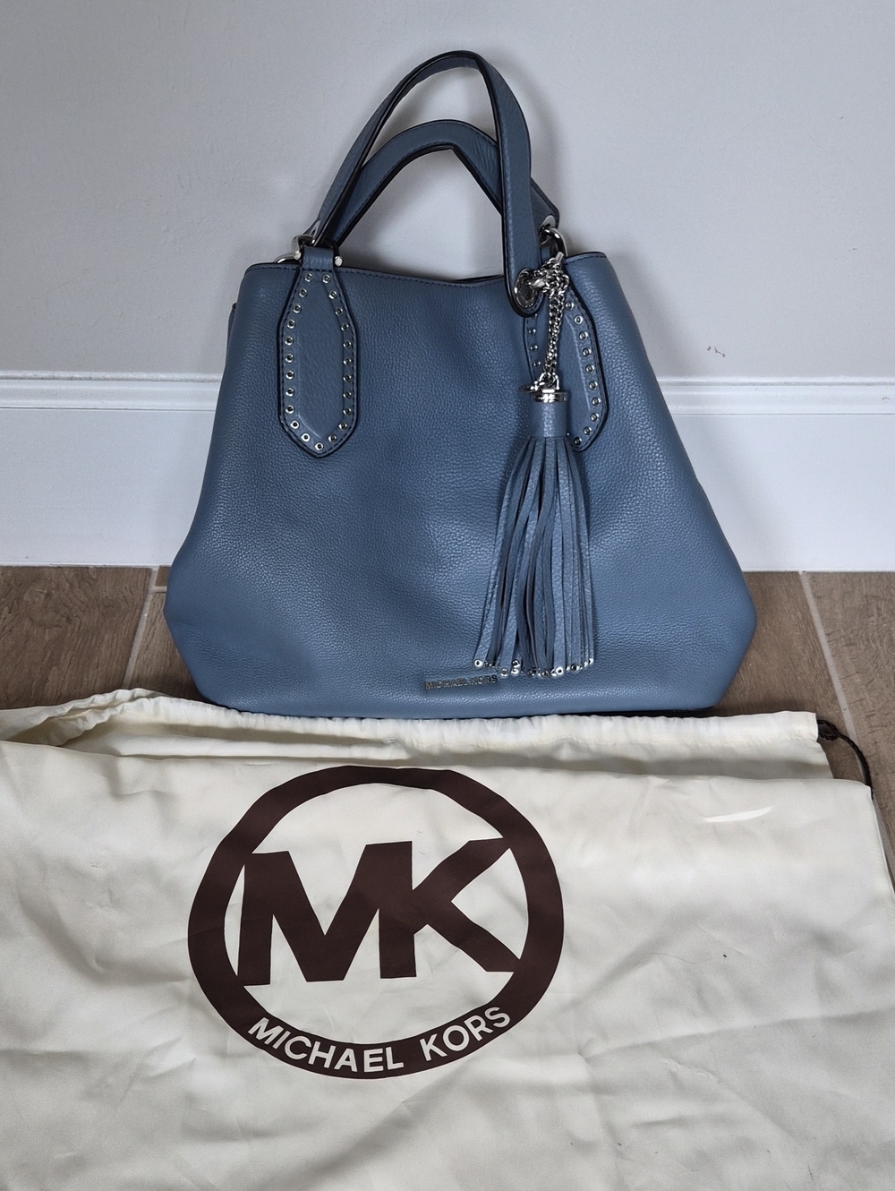 Michael Kors Dusty Blue Pebbled Leather Satchel with Tassel